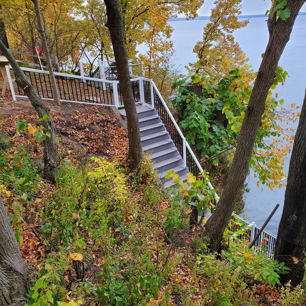 Stairs of lakeside home after remodel